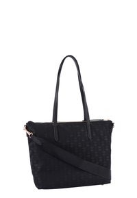 Borsa a spalla nera in tessuto con un motivo testurizzato. Presenta due manici e una tracolla regolabile. Chiusura con zip e dettagli dorati.