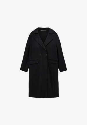 Manteau en mélange de laine noire avec un col cranté, fermeture à double bouton, deux poches avant et manches trois-quarts.