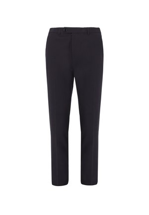Pantaloni formali neri su misura con chiusura con bottone e zip, passanti per cintura e vestibilità a gamba dritta su sfondo bianco.