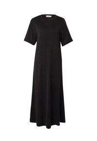 Zwart midi-jurkje van zachte stof, met korte mouwen, een ronde hals en een losse pasvorm met zijsplitten voor extra bewegingsvrijheid.