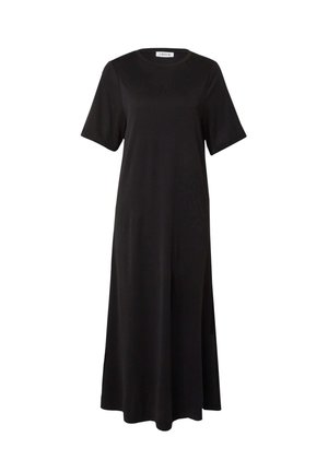 Zwart midi-jurkje van zachte stof, met korte mouwen, een ronde hals en een losse pasvorm met zijsplitten voor extra bewegingsvrijheid.