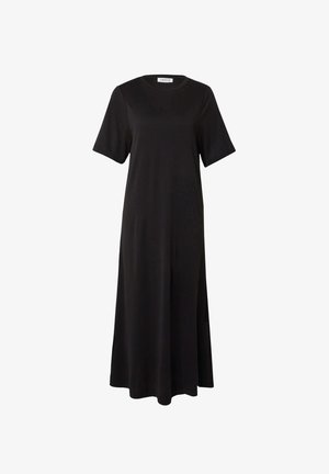 Zwart midi-jurkje van zachte stof, met korte mouwen, een ronde hals en een losse pasvorm met zijsplitten voor extra bewegingsvrijheid.