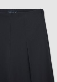 Schwarze, plissierte Hose aus glattem Stoff, mit einem unauffälligen Reißverschluss und klaren Linien an der Taille. Einfaches Design ohne Verzierungen.