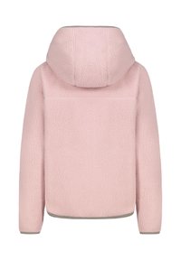 Pink fleece jacket with a hood, featuring a textured surface, grey trim at the hem and cuffs, and a simple back design with no visible hardware.