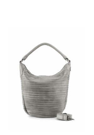 Bolso tipo cubo texturizado en gris con asa corta y correa larga ajustable y desmontable sobre fondo blanco.