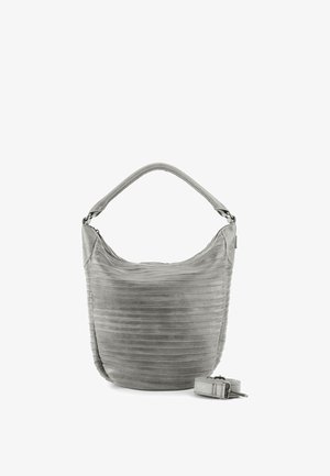 Graue strukturierte Bucket-Tasche mit kurzem Griff und abnehmbarem, langem, verstellbarem Riemen auf weißem Hintergrund.