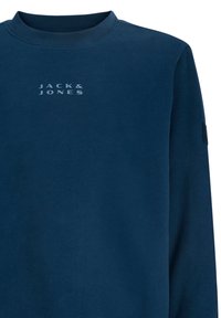 Navyblauwe sweatshirt van zacht materiaal, met een ronde hals, lange mouwen en het "JACK & JONES" logo in lichter blauw op de borst.