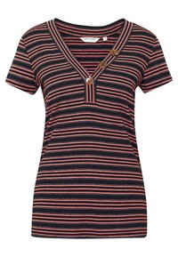 Koszulka w paski w kolorze granatowym z czerwonymi i białymi paskami, dekolt w kształcie litery V, krótkie rękawy, z trzema brązowymi guzikami blisko dekoltu. Miękka tekstura tkaniny.