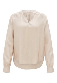 Beige blouse met lange mouwen, een V-hals en geplooide details. Gemaakt van soepel stof, met verzamelde schouders en een gebogen zoom.