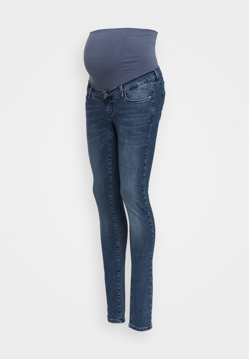 Jeans ajustados de maternidad en denim azul oscuro con una cinturilla elástica y bolsillos frontales, que presentan un corte slim y piernas ajustadas.