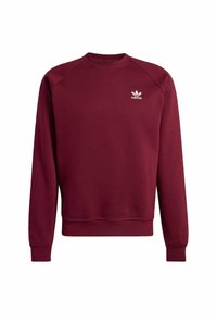 Maroon Adidas crewneck sweatshirt with long sleeves and small white Adidas trefoil logo on the left chest.