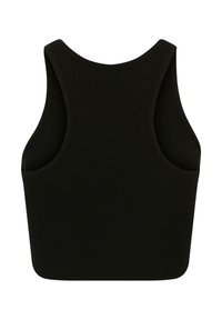 Čierny, ribovaný, bezrukávový crop top s okrúhlym výstrihom a dokončenými okrajmi, navrhnutý s priliehavým strihom a hladkou textúrou.