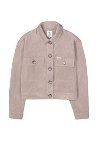 Korte corduroy jas in licht taupe, met een knoopsluiting aan de voorkant, twee borstzakken en een klassieke kraag met zichtbare stiksels.