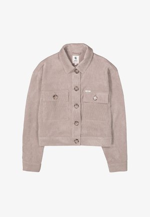 Korte corduroy jas in licht taupe, met een knoopsluiting aan de voorkant, twee borstzakken en een klassieke kraag met zichtbare stiksels.