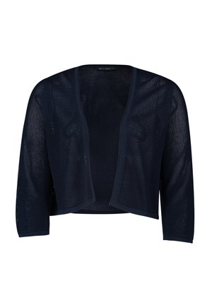 Cardigan leggero di colore blu navy, con lavorazione a maglia aperta, maniche tre quarti e orlo arrotondato. Presenta un ampio aperture frontale e un tessuto testurizzato.