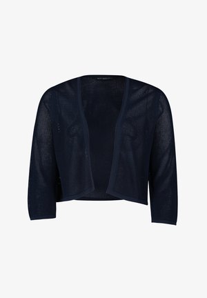 Marineblaue, leichte, offen gestrickte Strickjacke mit Dreiviertelärmeln und abgerundetem Saum. Verfügt über eine breite Frontöffnung und strukturierter Stoff.