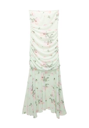 Bloemen midi-jurk in licht muntgroen, met zacht, vloeiend materiaal, geplooide details en een uitlopende rok. Aangevuld met roze en groene bloemen.