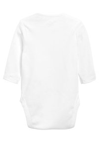 Bodysuit blanc à manches longues avec un col rond, une texture douce et des pressions en bas pour un habillage et un changement faciles.