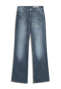 Dżinsy o szerokich nogawkach w ciemnoniebieskim deninie, z klasycznym pięciokieszeniowym krojem, lekko wyblakłe z przodu, z przeszyciami wzdłuż szwów.