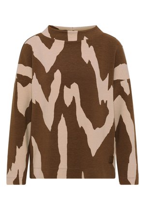 Haut à manches longues brun et crème à motif, avec une texture côtelée et un col montant, comportant des formes abstraites et une petite étiquette de logo.
