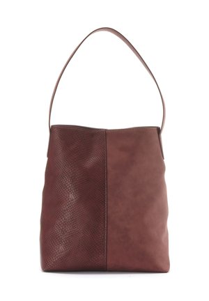 Brown two-tone shoulder bag with one side textured like snake skin and the other smooth, featuring a single wide strap.