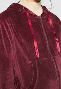 Chaqueta con capucha de color burdeos, con cierre de cremallera y fabricada en suave terciopelo, que presenta cordones de satén rojos, un bolsillo tipo canguro y detalles de ribete en el cuello.