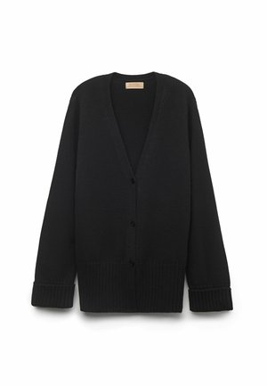 Czarny sweter dzianinowy z dekoltem w serek, zapięciem na pięć guzików oraz ściągaczem u dołu i przy mankietach. Wykonany z miękkiego materiału, o luźnym kroju.