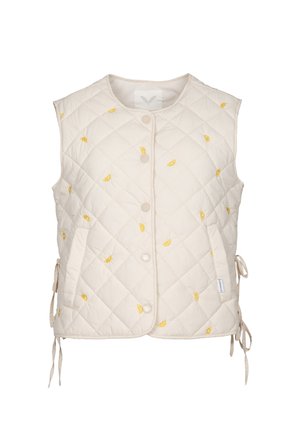 Ærmeløs beige quiltet vest med trykknapper, sidelommer med bindebånd og små gule citronbådsprints spredt over stoffet.