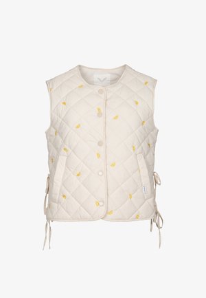 Ærmeløs beige quiltet vest med trykknapper, sidelommer med bindebånd og små gule citronbådsprints spredt over stoffet.