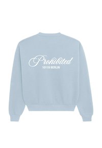 Hellblaues Sweatshirt mit weißem Text "Verboten" und "10119 BERLIN" auf dem Rücken. Mit geripptem Hals- und Ärmelbündchen, aus weichem Stoff.