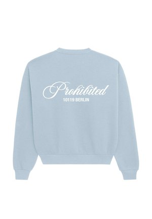 Light blue sweatshirt with white "Prohibited" and "10119 BERLIN" text on the back. Features ribbed neckline and cuffs, soft fabric texture.