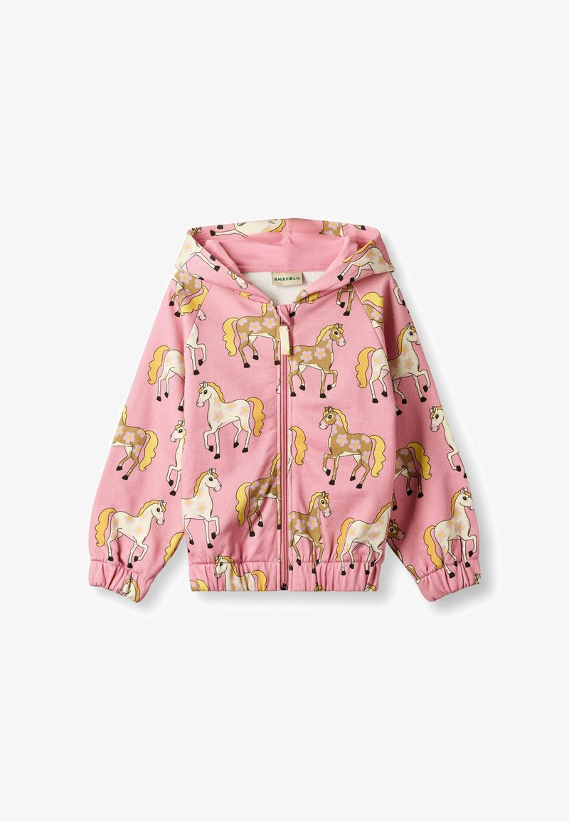Veste à capuche rose avec fermeture éclair devant, poignets élastiques, et motifs de chevaux bruns et blancs aux crinières jaunes ainsi que des motifs floraux sur toute la surface.