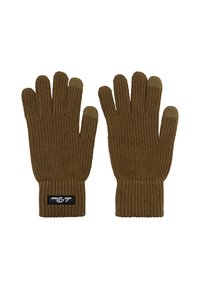 Barna kötött kesztyű, bordázott textúrával, mandzsettával és érintésérzékeny ujjhegyekkel. Címke látható a csuklórészen.