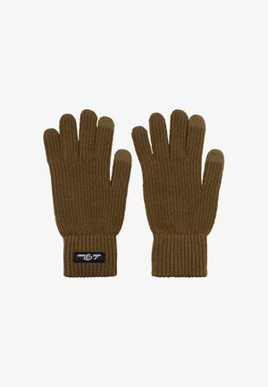 Pruunid kudumiskindad ribatud tekstuuriga, millel on mansett ja puutetundlikud sõrmeotsa aktsendid. Silt nähtav randme kohal.