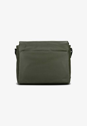 Olive green leather messenger bag with a smooth texture, flap closure, and an exterior front pocket. Adjustable shoulder strap included.