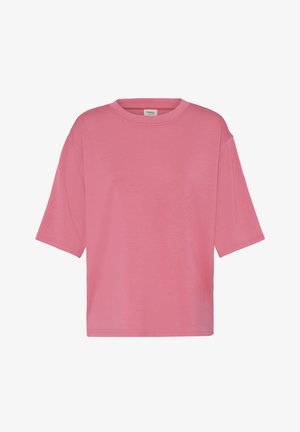 Pink short-sleeve crew neck t-shirt with a relaxed fit and a small label inside the neckline.