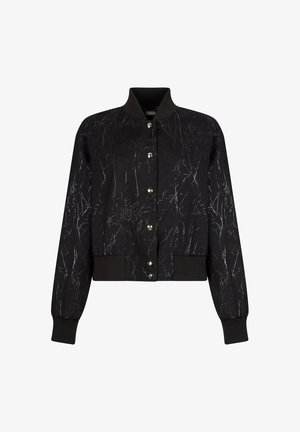Giacca bomber nera con un delicato motivo marmorizzato argento, bottoni a pressione dorati, colletto, polsini e orlo a coste, vista frontale.