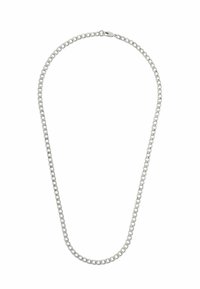 Hõbedast metallist kaelakee, millel on omavahel lukustuvad lingid, sile ja läikiv tekstuur ning lihtne kinniti.