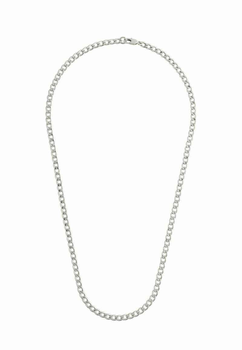 Hõbedast metallist kaelakee, millel on omavahel lukustuvad lingid, sile ja läikiv tekstuur ning lihtne kinniti.