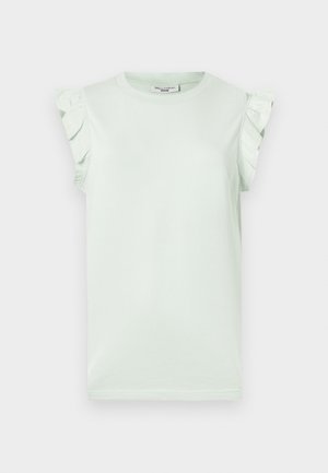 T-shirt vert clair à manches courtes et accents froncés aux épaules. Fabriqué en coton doux, avec un col rond et un ourlet droit.