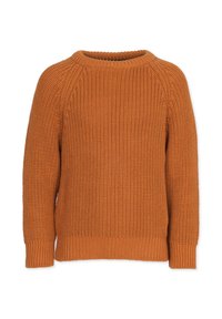 Flauschiger Strickpullover in Brenn-Orange, mit geripptem Rundhalsausschnitt, langen Raglanärmeln und strukturiertem Stoff. 