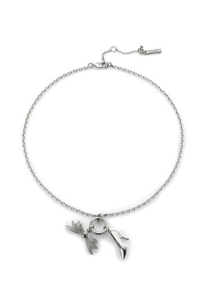 Silver chain necklace featuring a bow and high-heel charms; bow adorned with rhinestones, smooth high-heel shape, adjustable clasp detail.