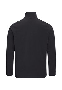 Zwarte fleecejas met een hoge kraag, lange mouwen en een gladde textuur. Heeft een strak, minimalistisch ontwerp zonder zichtbare logo's of accenten.