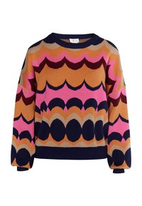 Maglione lavorato a maglia colorato con motivi a onda in diverse tonalità di rosa, arancione, bordeaux e blu navy. Collo rotondo con maniche lunghe e polsini a costine.
