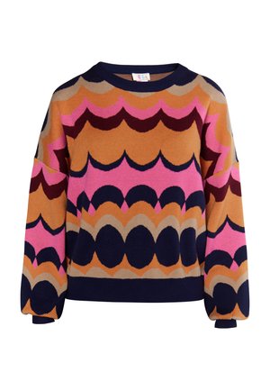 Bunter gestrickter Pullover mit Wellenmustern in verschiedenen Schattierungen von Pink, Orange, Burgunder und Marineblau. Rundhalsausschnitt mit langen Ärmeln und gerippten Bündchen.