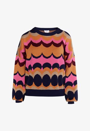 Värvikas kudum, millel on lainemustrid roosa, oranži, burgundia ja mereväe värvitoonides. Ümar kaelus, pikkade varrukatega ja soonikkoes sääred.