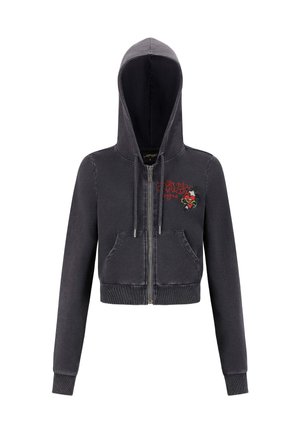 Black cropped zip-up hoodie with front pockets, drawstrings, and red embroidered text and heart design on the left chest.