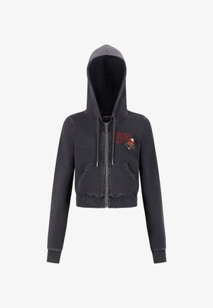 Black cropped zip-up hoodie with front pockets, drawstrings, and red embroidered text and heart design on the left chest.