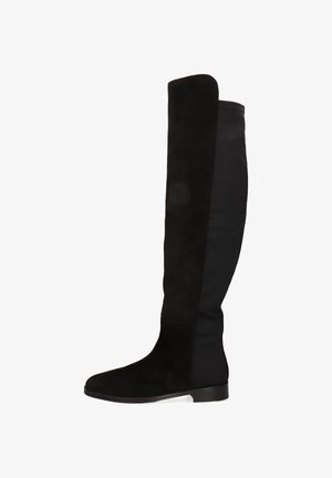 Schwarze Overknee-Stiefel aus einer Kombination von Wildleder und Stoff, mit flacher Sohle und einer glatten, eleganten Silhouette.