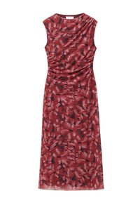 Rotes Blumendruck-Ärmelloses Kleid mit gerafften Details an Schulter und Taille, aus weichem, leichtem Stoff gefertigt.
